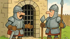 Vtip: Dvaja ozbrojení rytieri stoja pred bránou