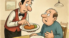 Vtip: Čašník nesie jedlo a drží rezeň